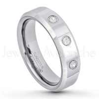 0.21ctw Diamond 3-Stone Tungsten Ring - April Birthstone Ring - 6mm Tungsten Wedding Band - Polished Finish Comfort Fit Beveled Edge Tungsten Carbide Ring - Anniversary Ring TN048-WD