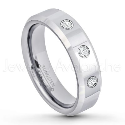 0.07ctw Diamond Tungsten Ring - April Birthstone Ring - 6mm Tungsten Wedding Band - Polished Finish Comfort Fit Beveled Edge Tungsten Carbide Ring - Anniversary Ring TN048-WD