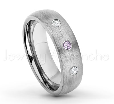 0.21ctw Amethyst & Diamond 3-Stone Tungsten Ring - February Birthstone Ring - 6mm Tungsten Wedding Band - Brushed Finish Comfort Fit Classic Dome Tungsten Carbide Ring TN060-AMT
