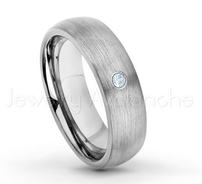 0.21ctw Aquamarine & Diamond 3-Stone Tungsten Ring - March Birthstone Ring - 6mm Tungsten Wedding Band - Brushed Finish Comfort Fit Classic Dome Tungsten Carbide Ring TN060-AQM