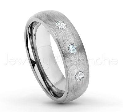 0.21ctw Aquamarine 3-Stone Tungsten Ring - March Birthstone Ring - 6mm Tungsten Wedding Band - Brushed Finish Comfort Fit Classic Dome Tungsten Carbide Ring TN060-AQM