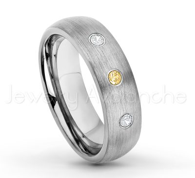 0.21ctw Citrine 3-Stone Tungsten Ring - November Birthstone Ring - 6mm Tungsten Wedding Band - Brushed Finish Comfort Fit Classic Dome Tungsten Carbide Ring TN060-CN
