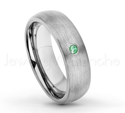 0.21ctw Emerald 3-Stone Tungsten Ring - May Birthstone Ring - 6mm Tungsten Wedding Band - Brushed Finish Comfort Fit Classic Dome Tungsten Carbide Ring TN060-ED