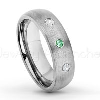0.21ctw Emerald & Diamond 3-Stone Tungsten Ring - May Birthstone Ring - 6mm Tungsten Wedding Band - Brushed Finish Comfort Fit Classic Dome Tungsten Carbide Ring TN060-ED