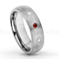 0.21ctw Garnet & Diamond 3-Stone Tungsten Ring - January Birthstone Ring - 6mm Tungsten Wedding Band - Brushed Finish Comfort Fit Classic Dome Tungsten Carbide Ring TN060-GR