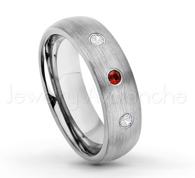 0.21ctw Garnet & Diamond 3-Stone Tungsten Ring - January Birthstone Ring - 6mm Tungsten Wedding Band - Brushed Finish Comfort Fit Classic Dome Tungsten Carbide Ring TN060-GR