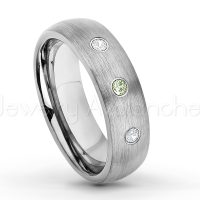 0.21ctw Peridot & Diamond 3-Stone Tungsten Ring - August Birthstone Ring - 6mm Tungsten Wedding Band - Brushed Finish Comfort Fit Classic Dome Tungsten Carbide Ring TN060-PD