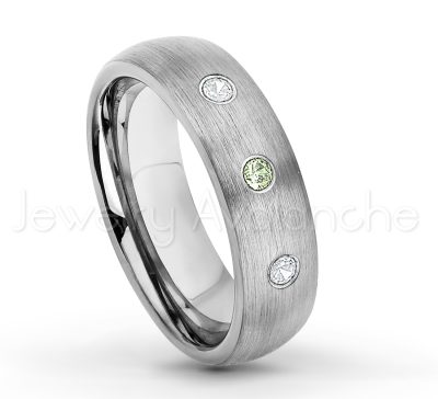 0.07ctw Peridot Tungsten Ring - August Birthstone Ring - 6mm Tungsten Wedding Band - Brushed Finish Comfort Fit Classic Dome Tungsten Carbide Ring TN060-PD