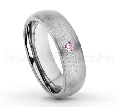 0.21ctw Pink Tourmaline 3-Stone Tungsten Ring - October Birthstone Ring - 6mm Tungsten Wedding Band - Brushed Finish Comfort Fit Classic Dome Tungsten Carbide Ring TN060-PTM