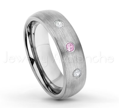 0.21ctw Pink Tourmaline & Diamond 3-Stone Tungsten Ring - October Birthstone Ring - 6mm Tungsten Wedding Band - Brushed Finish Comfort Fit Classic Dome Tungsten Carbide Ring TN060-PTM