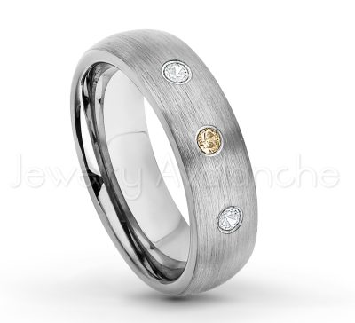 0.07ctw Smokey Quartz Tungsten Ring - November Birthstone Ring - 6mm Tungsten Wedding Band - Brushed Finish Comfort Fit Classic Dome Tungsten Carbide Ring TN060-SMQ