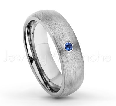 0.21ctw Blue Sapphire & Diamond 3-Stone Tungsten Ring - September Birthstone Ring - 6mm Tungsten Wedding Band - Brushed Finish Comfort Fit Classic Dome Tungsten Carbide Ring TN060-SP