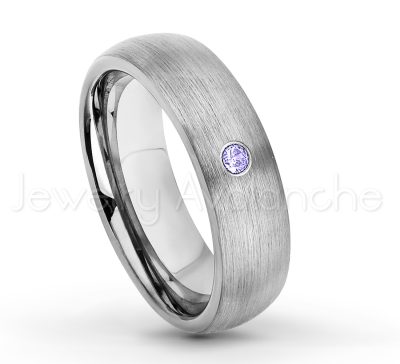 0.21ctw Tanzanite & Diamond 3-Stone Tungsten Ring - December Birthstone Ring - 6mm Tungsten Wedding Band - Brushed Finish Comfort Fit Classic Dome Tungsten Carbide Ring TN060-TZN
