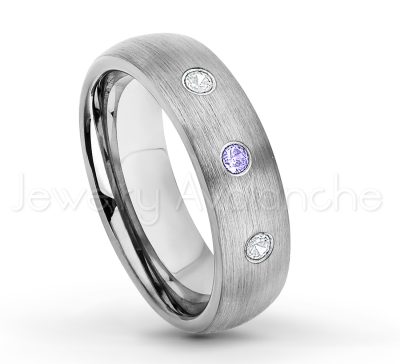 0.07ctw Tanzanite Tungsten Ring - December Birthstone Ring - 6mm Tungsten Wedding Band - Brushed Finish Comfort Fit Classic Dome Tungsten Carbide Ring TN060-TZN