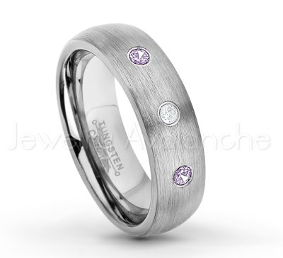 0.07ctw Amethyst Tungsten Ring - February Birthstone Ring - 6mm Tungsten Wedding Band - Brushed Finish Comfort Fit Classic Dome Tungsten Carbide Ring TN060-AMT
