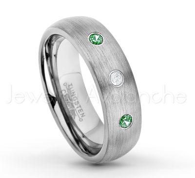 0.21ctw Emerald 3-Stone Tungsten Ring - May Birthstone Ring - 6mm Tungsten Wedding Band - Brushed Finish Comfort Fit Classic Dome Tungsten Carbide Ring TN060-ED