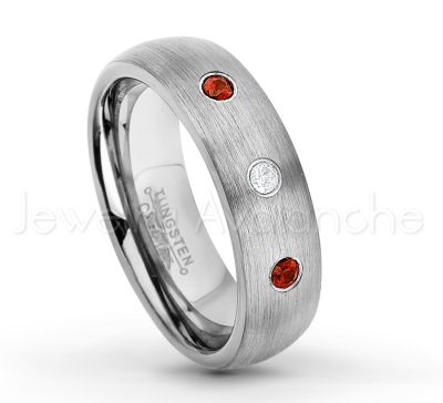 0.21ctw Garnet 3-Stone Tungsten Ring - January Birthstone Ring - 6mm Tungsten Wedding Band - Brushed Finish Comfort Fit Classic Dome Tungsten Carbide Ring TN060-GR