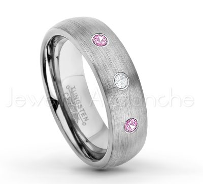 0.07ctw Pink Tourmaline Tungsten Ring - October Birthstone Ring - 6mm Tungsten Wedding Band - Brushed Finish Comfort Fit Classic Dome Tungsten Carbide Ring TN060-PTM