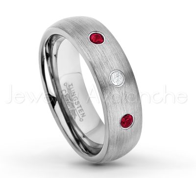 0.07ctw Ruby Tungsten Ring - July Birthstone Ring - 6mm Tungsten Wedding Band - Brushed Finish Comfort Fit Classic Dome Tungsten Carbide Ring TN060-RB