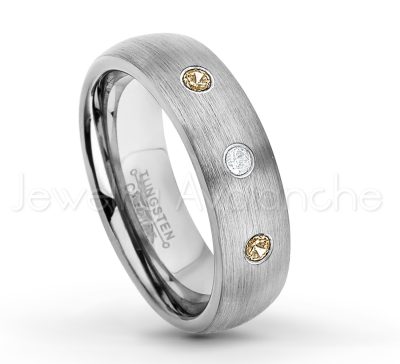 0.21ctw Smokey Quartz & Diamond 3-Stone Tungsten Ring - November Birthstone Ring - 6mm Tungsten Wedding Band - Brushed Finish Comfort Fit Classic Dome Tungsten Carbide Ring TN060-SMQ