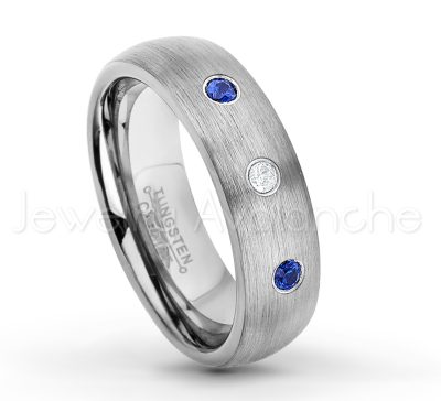 0.21ctw Blue Sapphire 3-Stone Tungsten Ring - September Birthstone Ring - 6mm Tungsten Wedding Band - Brushed Finish Comfort Fit Classic Dome Tungsten Carbide Ring TN060-SP