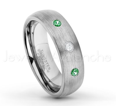 0.21ctw Tsavorite 3-Stone Tungsten Ring - January Birthstone Ring - 6mm Tungsten Wedding Band - Brushed Finish Comfort Fit Classic Dome Tungsten Carbide Ring TN060-TVR