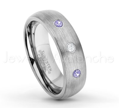 0.21ctw Tanzanite & Diamond 3-Stone Tungsten Ring - December Birthstone Ring - 6mm Tungsten Wedding Band - Brushed Finish Comfort Fit Classic Dome Tungsten Carbide Ring TN060-TZN