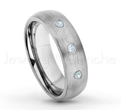 0.07ctw Aquamarine Tungsten Ring - March Birthstone Ring - 6mm Tungsten Wedding Band - Brushed Finish Comfort Fit Classic Dome Tungsten Carbide Ring TN060-AQM