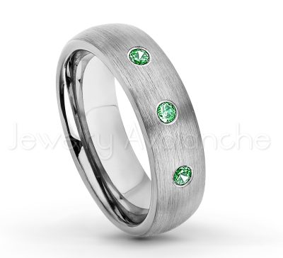 0.07ctw Emerald Tungsten Ring - May Birthstone Ring - 6mm Tungsten Wedding Band - Brushed Finish Comfort Fit Classic Dome Tungsten Carbide Ring TN060-ED