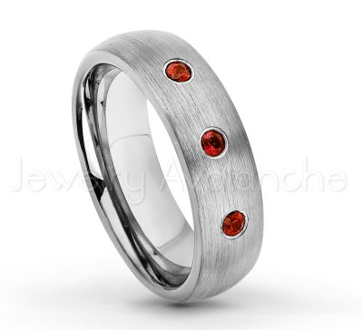 0.21ctw Garnet 3-Stone Tungsten Ring - January Birthstone Ring - 6mm Tungsten Wedding Band - Brushed Finish Comfort Fit Classic Dome Tungsten Carbide Ring TN060-GR