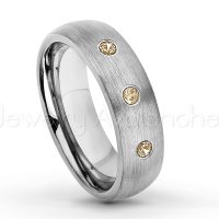 0.21ctw Smokey Quartz 3-Stone Tungsten Ring - November Birthstone Ring - 6mm Tungsten Wedding Band - Brushed Finish Comfort Fit Classic Dome Tungsten Carbide Ring TN060-SMQ