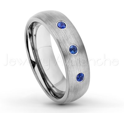 0.07ctw Blue Sapphire Tungsten Ring - September Birthstone Ring - 6mm Tungsten Wedding Band - Brushed Finish Comfort Fit Classic Dome Tungsten Carbide Ring TN060-SP