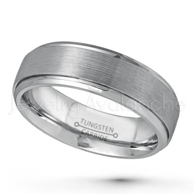 7mm Tungsten Wedding Band - Brushed Finish Comfort Fit Tungsten Carbide Ring - Stepped Edge Engagement Ring - Tungsten Anniversary Ring TN068PL