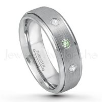 0.21ctw Alexandrite & Diamond 3-Stone Tungsten Ring - June Birthstone Ring - 7mm Tungsten Wedding Band - Brushed Finish Comfort Fit Tungsten Carbide Ring - Stepped Edge Tungsten Anniversary Ring TN068-ALX