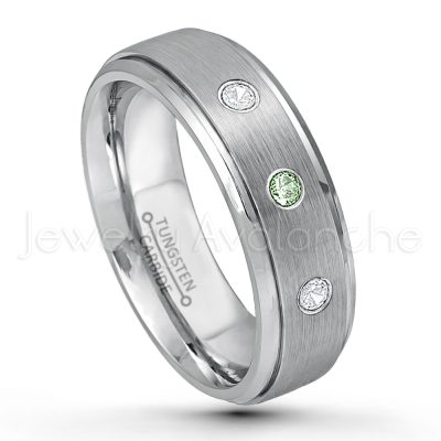0.21ctw Alexandrite & Diamond 3-Stone Tungsten Ring - June Birthstone Ring - 7mm Tungsten Wedding Band - Brushed Finish Comfort Fit Tungsten Carbide Ring - Stepped Edge Tungsten Anniversary Ring TN068-ALX