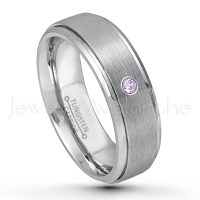 0.07ctw Amethyst Tungsten Ring - February Birthstone Ring - 7mm Tungsten Wedding Band - Brushed Finish Comfort Fit Tungsten Carbide Ring - Stepped Edge Tungsten Anniversary Ring TN068-AMT