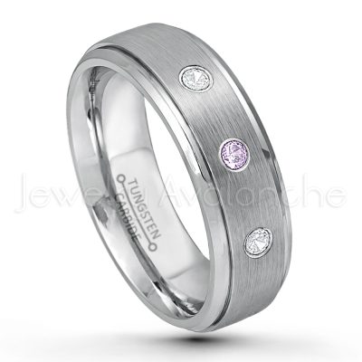 0.21ctw Amethyst & Diamond 3-Stone Tungsten Ring - February Birthstone Ring - 7mm Tungsten Wedding Band - Brushed Finish Comfort Fit Tungsten Carbide Ring - Stepped Edge Tungsten Anniversary Ring TN068-AMT