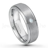 0.07ctw Aquamarine Tungsten Ring - March Birthstone Ring - 7mm Tungsten Wedding Band - Brushed Finish Comfort Fit Tungsten Carbide Ring - Stepped Edge Tungsten Anniversary Ring TN068-AQM