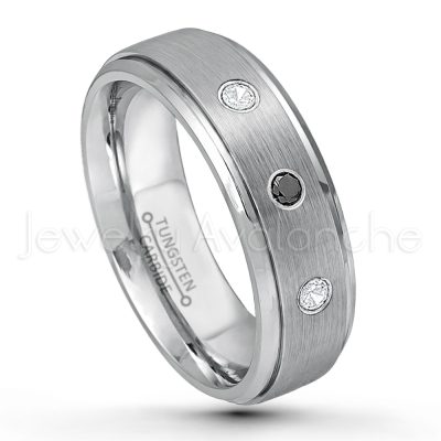0.21ctw White & Black Diamond 3-Stone Tungsten Ring - April Birthstone Ring - 7mm Tungsten Wedding Band - Brushed Finish Comfort Fit Tungsten Carbide Ring - Stepped Edge Tungsten Anniversary Ring TN068-WD