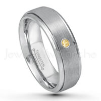 0.07ctw Citrine Tungsten Ring - November Birthstone Ring - 7mm Tungsten Wedding Band - Brushed Finish Comfort Fit Tungsten Carbide Ring - Stepped Edge Tungsten Anniversary Ring TN068-CN