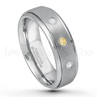 0.21ctw Citrine & Diamond 3-Stone Tungsten Ring - November Birthstone Ring - 7mm Tungsten Wedding Band - Brushed Finish Comfort Fit Tungsten Carbide Ring - Stepped Edge Tungsten Anniversary Ring TN068-CN