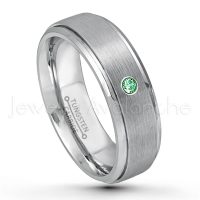 0.07ctw Emerald Tungsten Ring - May Birthstone Ring - 7mm Tungsten Wedding Band - Brushed Finish Comfort Fit Tungsten Carbide Ring - Stepped Edge Tungsten Anniversary Ring TN068-ED