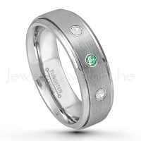 0.21ctw Emerald & Diamond 3-Stone Tungsten Ring - May Birthstone Ring - 7mm Tungsten Wedding Band - Brushed Finish Comfort Fit Tungsten Carbide Ring - Stepped Edge Tungsten Anniversary Ring TN068-ED