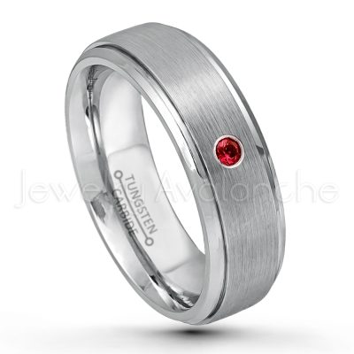 0.21ctw Garnet 3-Stone Tungsten Ring - January Birthstone Ring - 7mm Tungsten Wedding Band - Brushed Finish Comfort Fit Tungsten Carbide Ring - Stepped Edge Tungsten Anniversary Ring TN068-GR