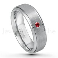 0.07ctw Garnet Tungsten Ring - January Birthstone Ring - 7mm Tungsten Wedding Band - Brushed Finish Comfort Fit Tungsten Carbide Ring - Stepped Edge Tungsten Anniversary Ring TN068-GR