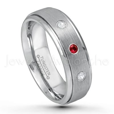 0.07ctw Garnet Tungsten Ring - January Birthstone Ring - 7mm Tungsten Wedding Band - Brushed Finish Comfort Fit Tungsten Carbide Ring - Stepped Edge Tungsten Anniversary Ring TN068-GR