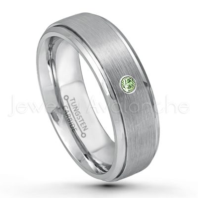 0.21ctw Green Tourmaline 3-Stone Tungsten Ring - October Birthstone Ring - 7mm Tungsten Wedding Band - Brushed Finish Comfort Fit Tungsten Carbide Ring - Stepped Edge Tungsten Anniversary Ring TN068-GTM