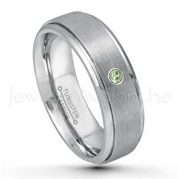 0.07ctw Green Tourmaline Tungsten Ring - October Birthstone Ring - 7mm Tungsten Wedding Band - Brushed Finish Comfort Fit Tungsten Carbide Ring - Stepped Edge Tungsten Anniversary Ring TN068-GTM