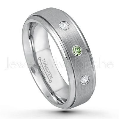 0.07ctw Green Tourmaline Tungsten Ring - October Birthstone Ring - 7mm Tungsten Wedding Band - Brushed Finish Comfort Fit Tungsten Carbide Ring - Stepped Edge Tungsten Anniversary Ring TN068-GTM