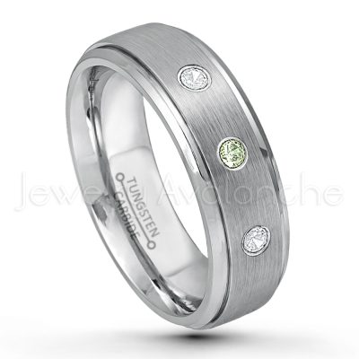 0.21ctw Peridot 3-Stone Tungsten Ring - August Birthstone Ring - 7mm Tungsten Wedding Band - Brushed Finish Comfort Fit Tungsten Carbide Ring - Stepped Edge Tungsten Anniversary Ring TN068-PD